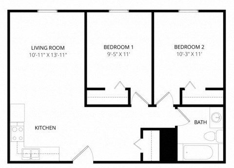 Floor plan for 2 beds, 1 bath, 720 sqft